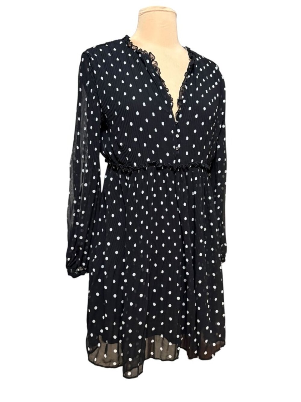 Zara Polka Dot Mini Dress M Black White Ruffle Pleats LBD Party Feminine Girlie